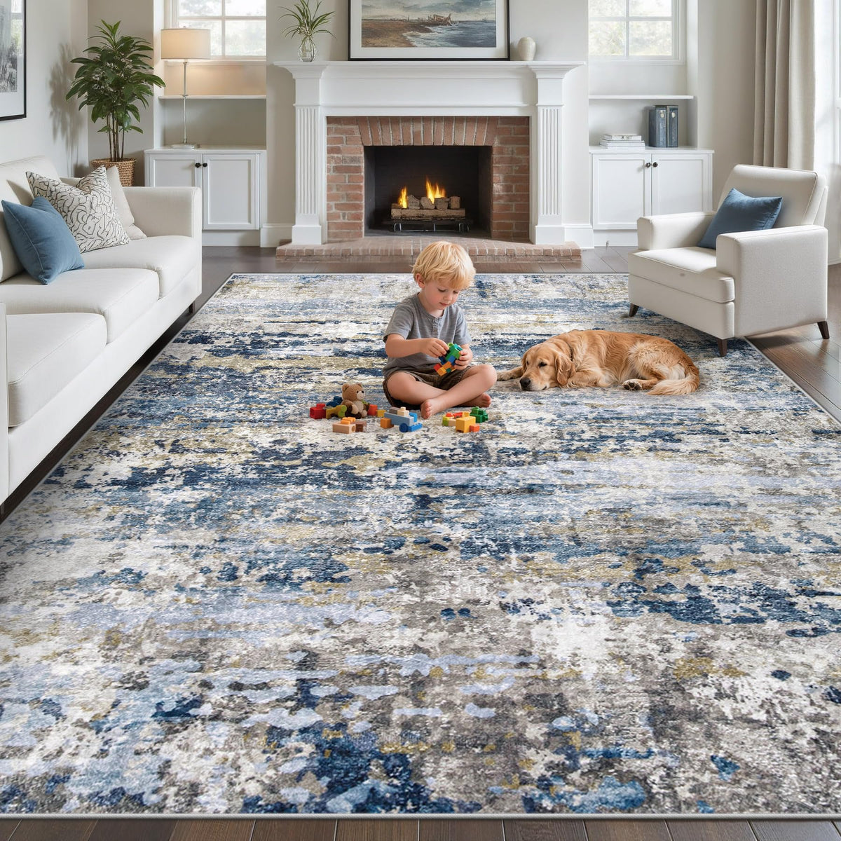pmtsns Area Rugs 8x10 for Living Room: Washable Rug Modern Abstract Neutral Soft Non-Slip Low-Pile Indoor Large Carpet for Bedroom Dining Room Playroom Home Office (Blue Grey Brown, 8'x10')