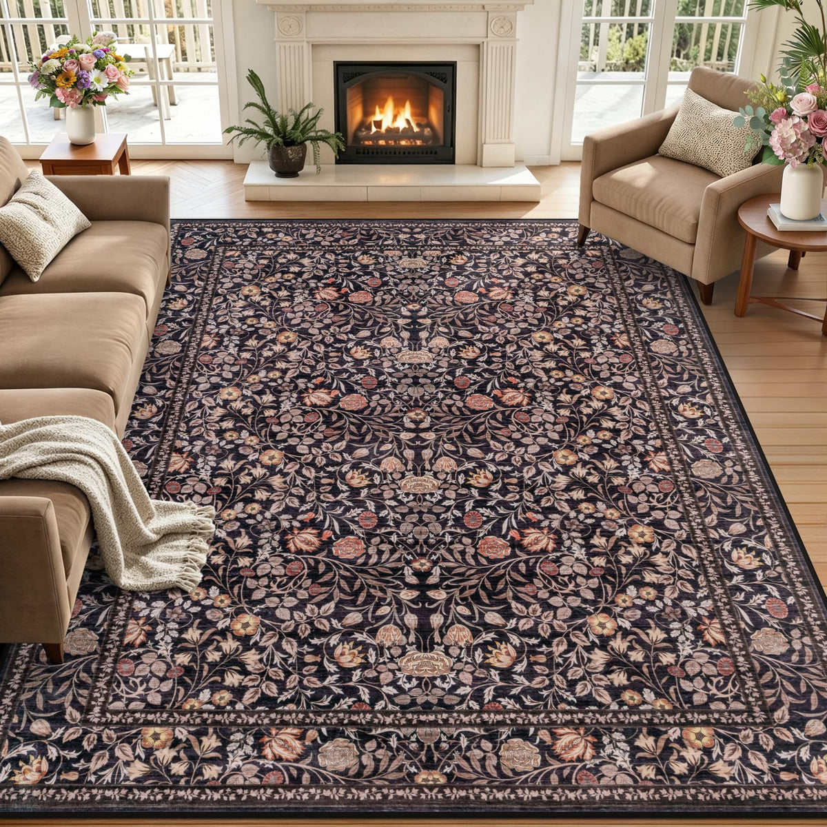 5x7 Area Rug Living Room: Soft Floral Washable Carpet Dark Green