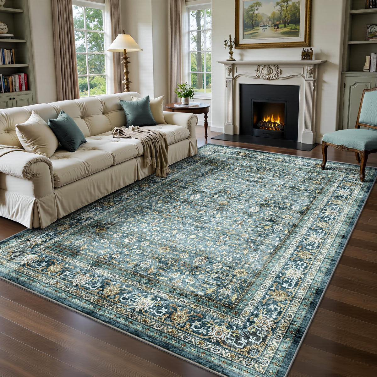8x10 Area Rugs for Living Room - Washable Vintage Retro Large Rug, Soft Ultra Thin Non Slip Low Pile Traditional Distressed Boho Carpet for Bedroom Dining Room Home Office, Rust Clay