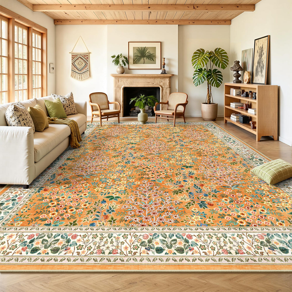 8x10 Area Rugs, Machine Washable Low Pile Floral Rugs for Living Room, Bedroom, Large Boho Area Rug with Non-Slip Backing for Dining Room(Pink Floral)