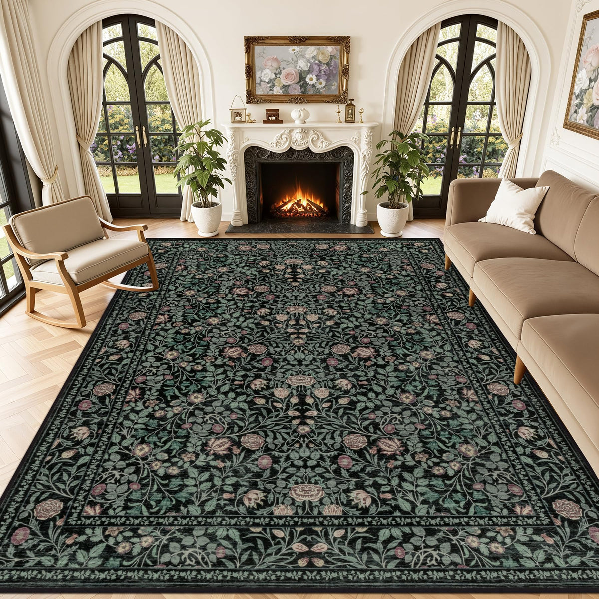 5x7 Area Rug Living Room: Soft Floral Washable Carpet Dark Green
