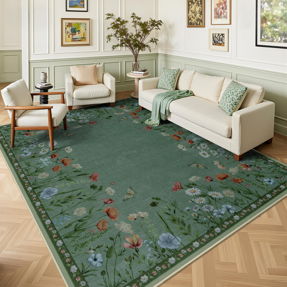 8x10 Area Rugs, Machine Washable Low Pile Floral Rugs for Living Room, Bedroom, Large Boho Area Rug with Non-Slip Backing for Dining Room(Pink Floral)