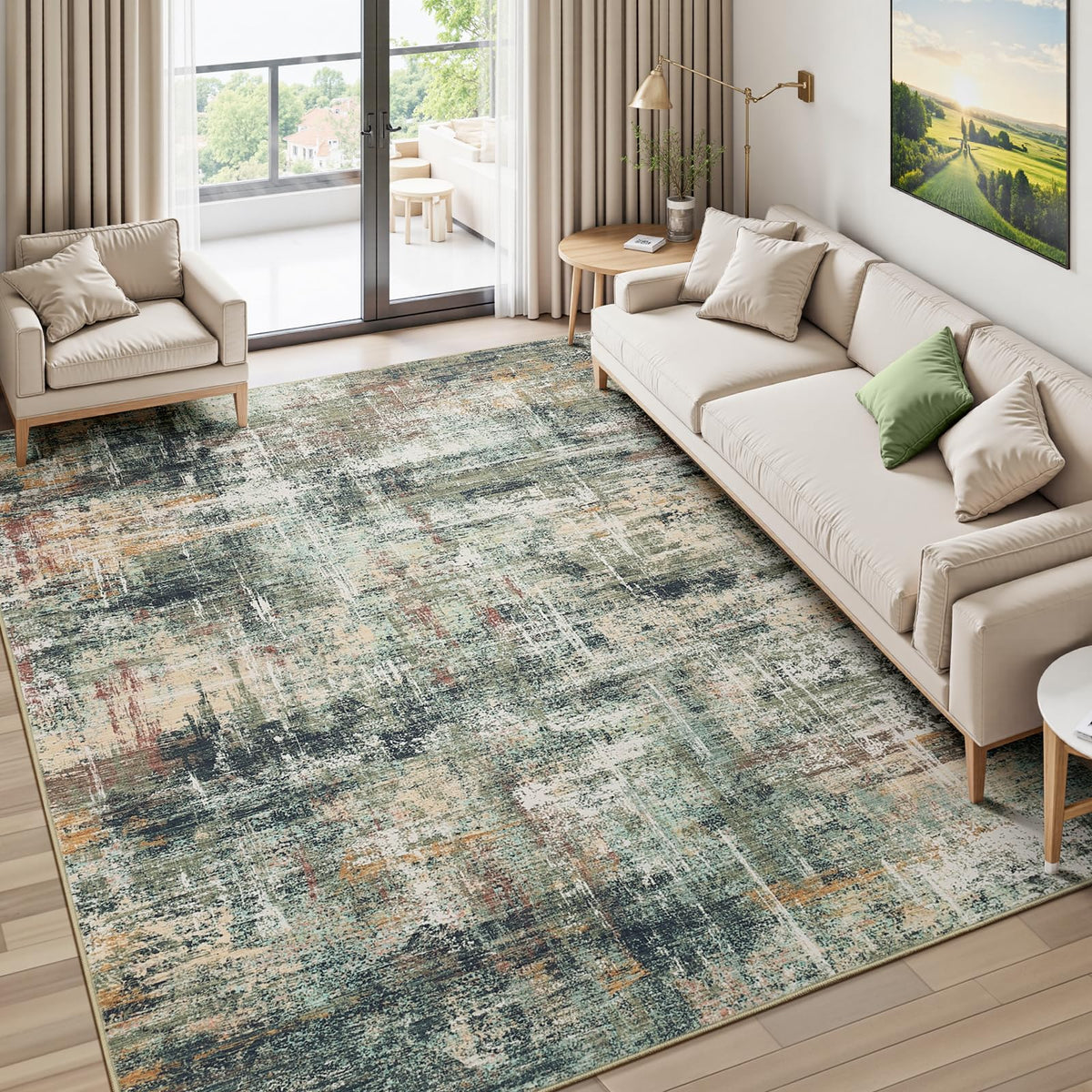 8x10 Area Rug for Living Room, Abstract Washable Non-Slip Large Rugs, Gold