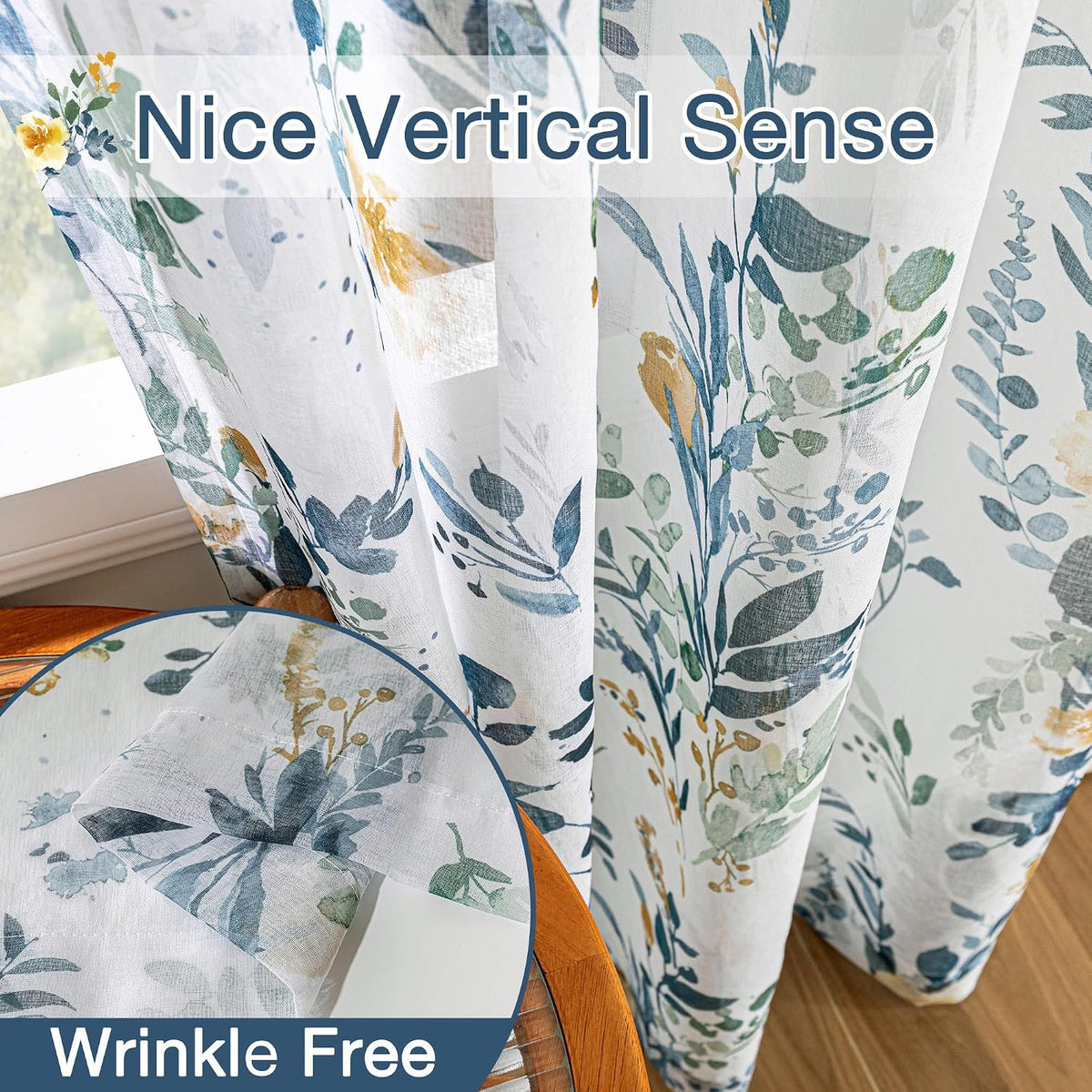 MYSKY HOME Yellow and Blue Sheer Floral Curtains 84 Inch Length 2 Panels