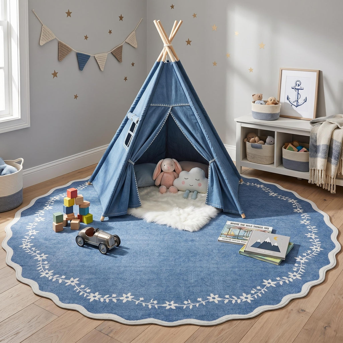 GarveeHome 5x7 Scalloped Area Rug Jute Washable Bedroom Living Room Rug