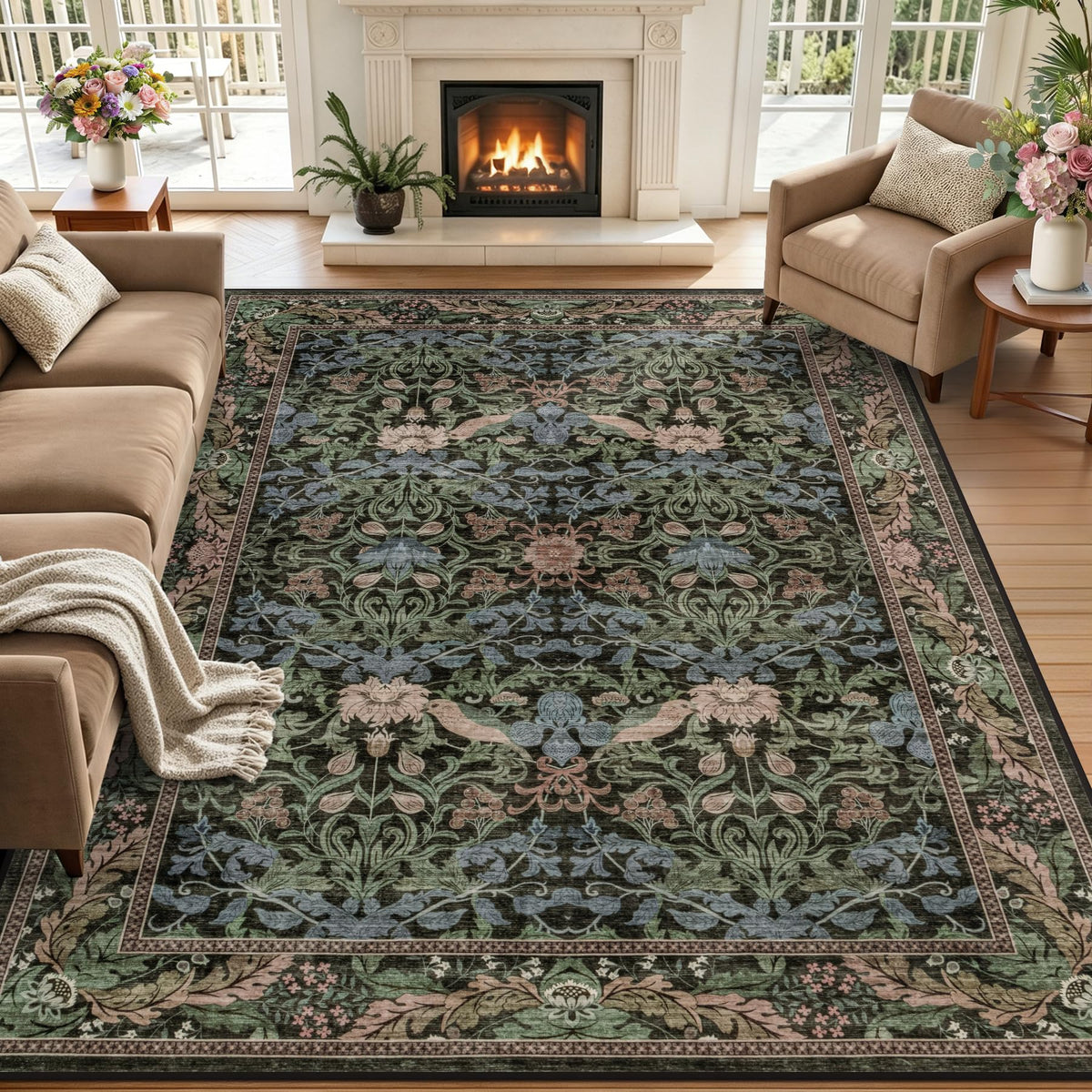 5x7 Area Rug Living Room: Soft Floral Washable Carpet Dark Green
