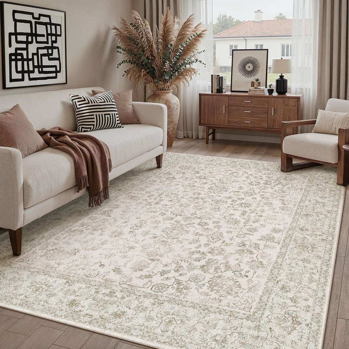 PureCozy 8x10 Blue Area Rug Washable Non Slip Large Vintage Living Room