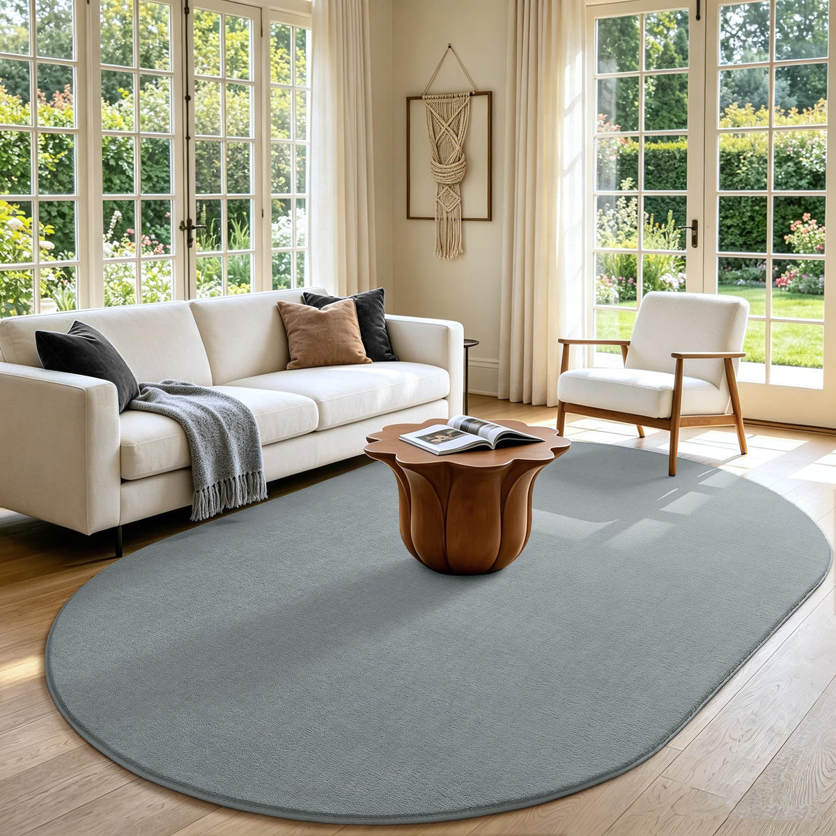 LOCHAS Soft Oval Bedroom Rug 2.6x5.3, Small Washable Grey Rugs for Bedroom
