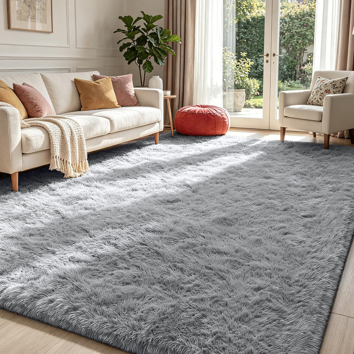 Beige 8x10 Area Rugs for Living Room, Fluffy Shag Rug Large Bedroom Carpet