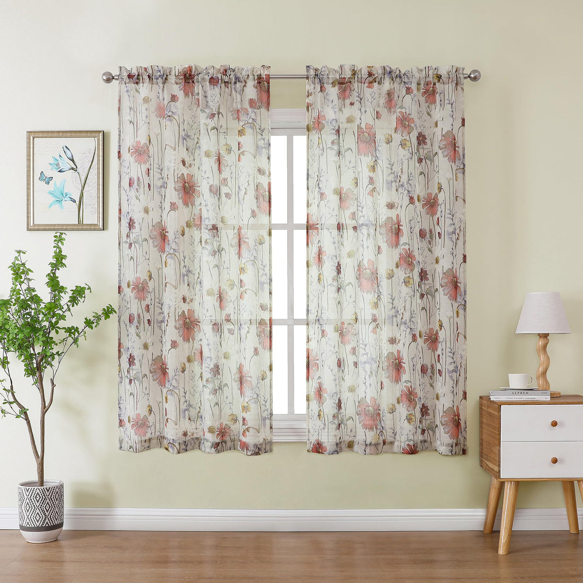OWENIE Crushed Semi Sheer Curtains 72 Inches Length 2 Panels, Floral Pattern Design Rod Pocket Light Filtering Farmhouse Curtains for Bedroom Living Room, 2 Pieces Total 84 Inch Wide, 72 inch Long