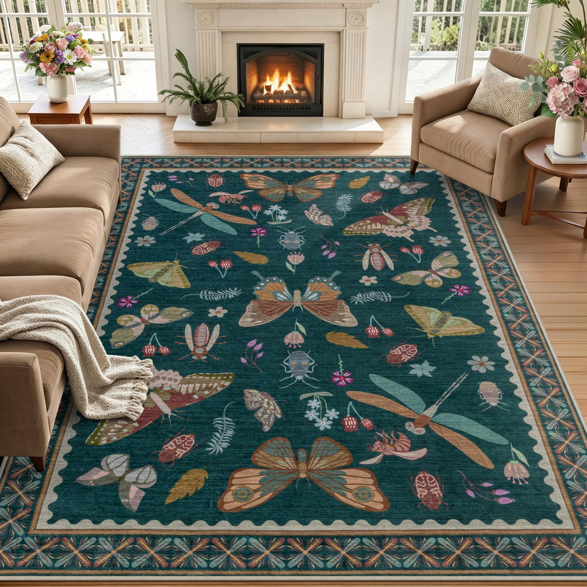 5x7 Area Rug Living Room: Soft Floral Washable Carpet Dark Green