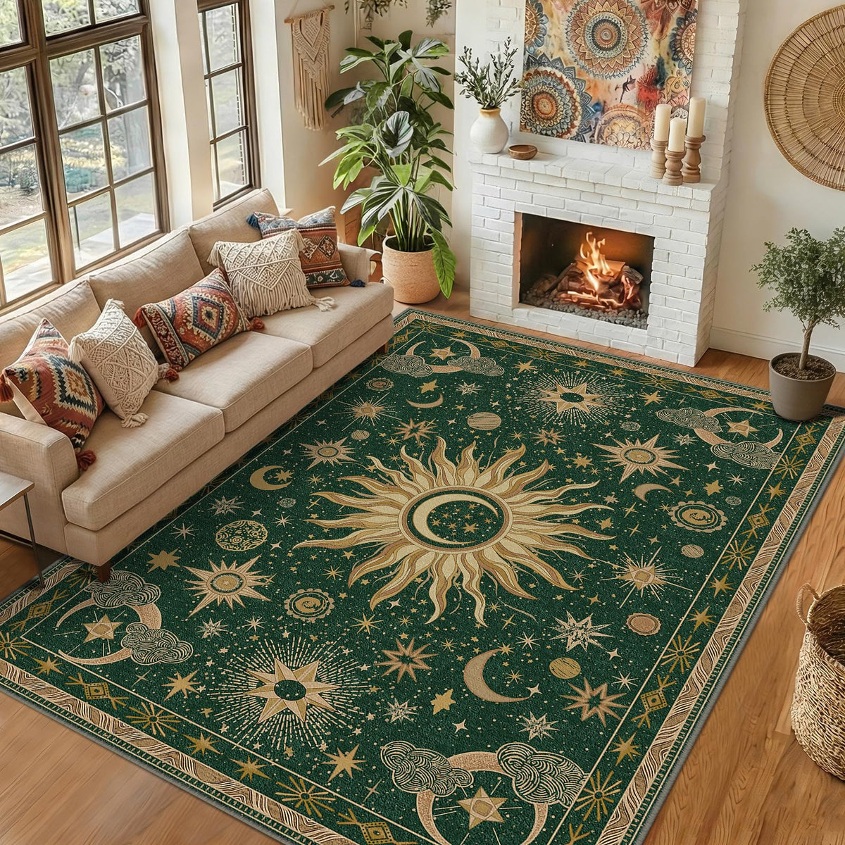 Vacuum-Friendly, 5x7 Washable Area Rug, Black Gold Beige Red