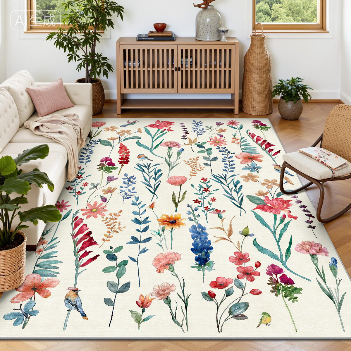 8x10 Area Rugs, Machine Washable Low Pile Floral Rugs for Living Room, Bedroom, Large Boho Area Rug with Non-Slip Backing for Dining Room(Pink Floral)