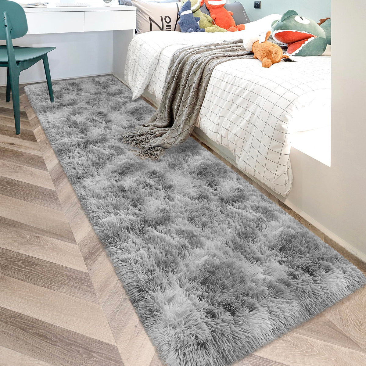 Tie-Dyed Runner Rug for Bedroom Black Grey 2x6ft Fluffy Area Rug Bedside Runner Rug for Kids Room Boys Teens Nursery Baby Living Room Dorm Home Decor Carpets