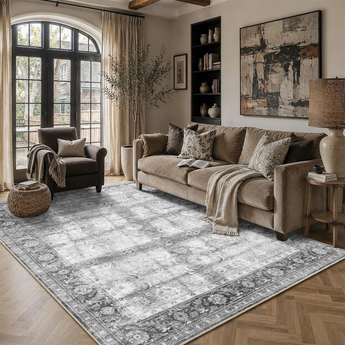 JOOJA 8x10 Beige Vintage Soft Low Pile Boho Neutral Washable Area Rug