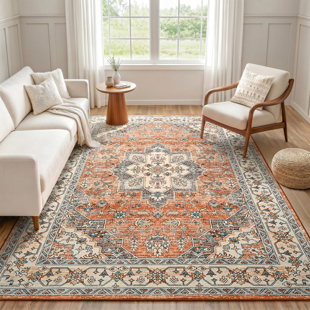Hanples 5x7 Area Rugs for Living Room, Washable Rug Vintage Floral, Beige