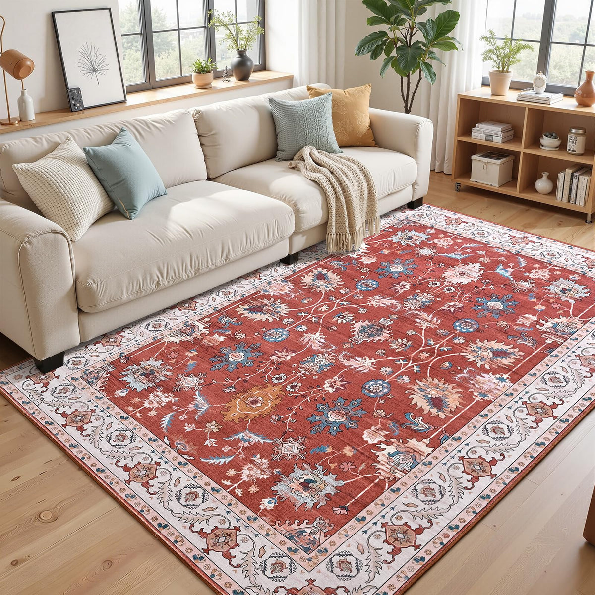 Hanples 5x7 Area Rugs for Living Room, Washable Rug Vintage Floral, Beige