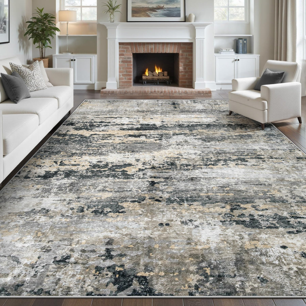 pmtsns Area Rugs 8x10 for Living Room: Washable Rug Modern Abstract Neutral Soft Non-Slip Low-Pile Indoor Large Carpet for Bedroom Dining Room Playroom Home Office (Blue Grey Brown, 8'x10')