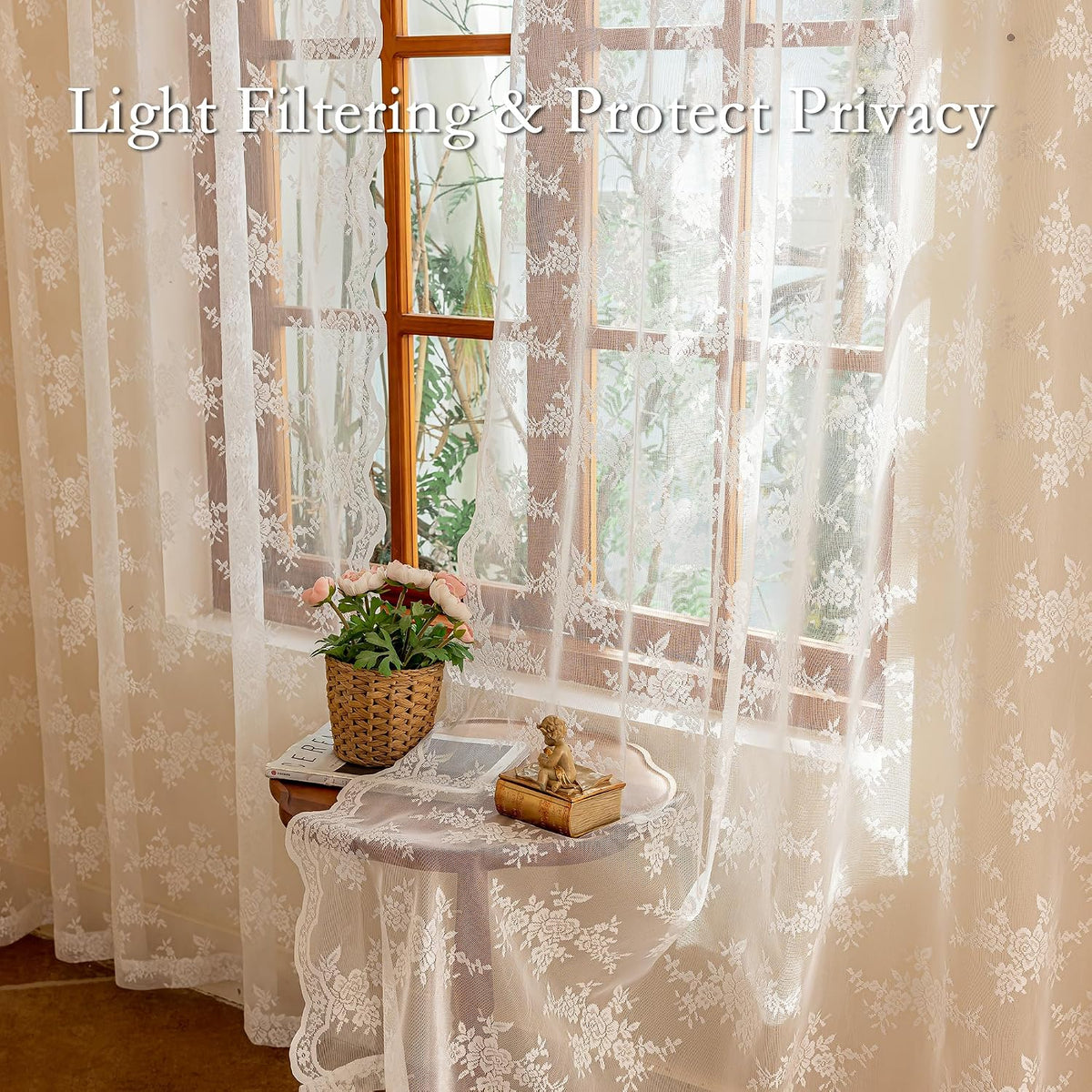 MEETSKY White Lace Curtains 84 Inches Long Floral Victorian Sheer Curtains