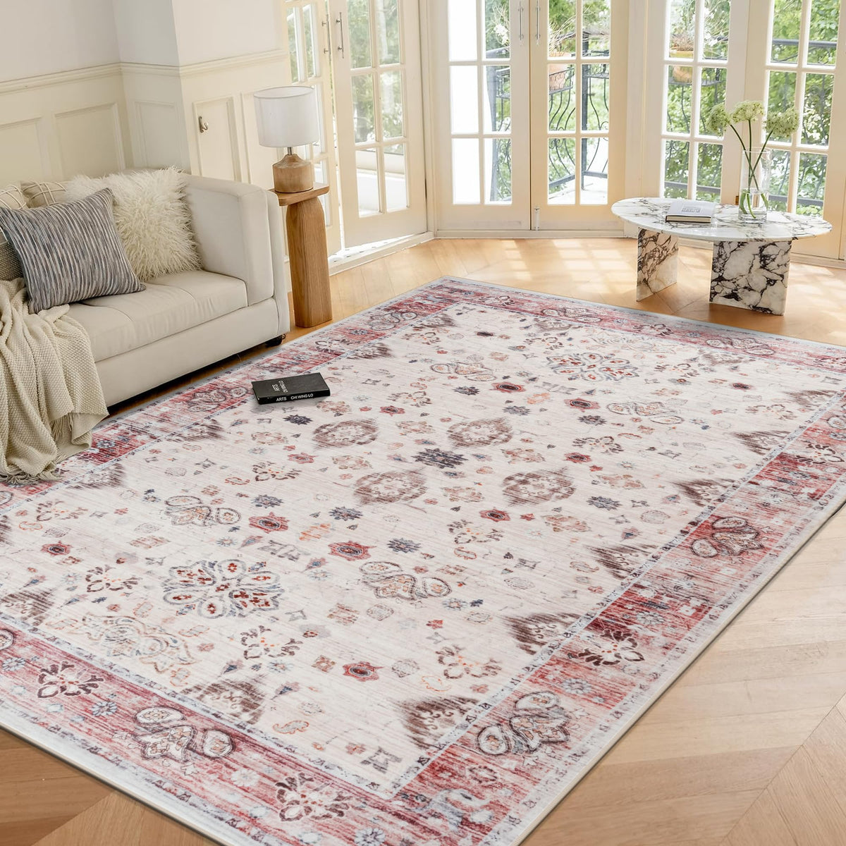 Hanples 5x7 Area Rugs for Living Room, Washable Rug Vintage Floral, Beige
