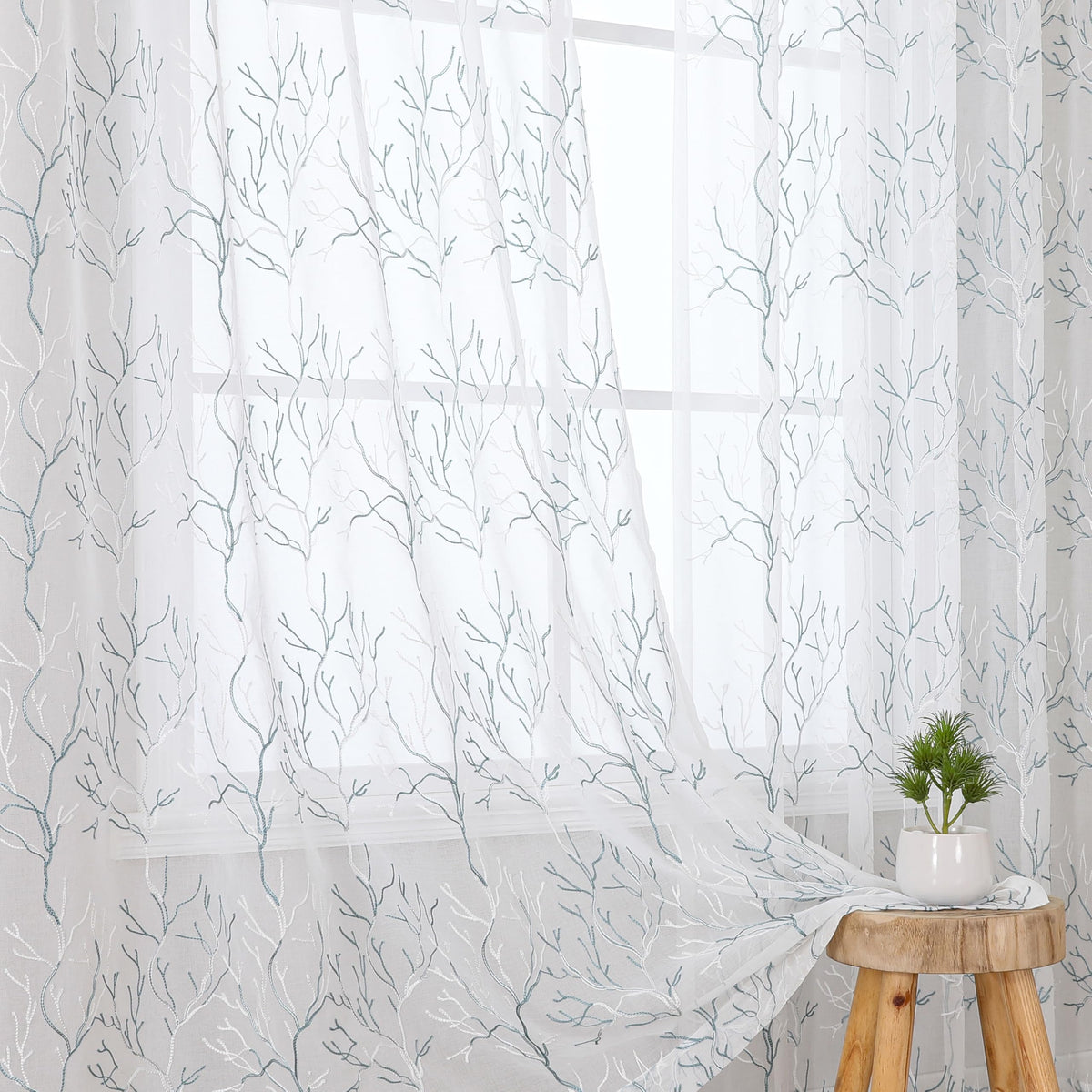 VISIONTEX Sheer Curtains Boho Leaf Floral Embroidered Cream Beige 54Wx84L