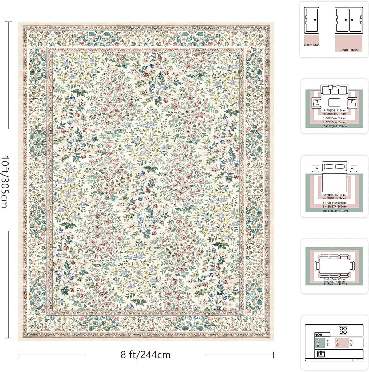 8x10 Area Rugs, Machine Washable Low Pile Floral Rugs for Living Room, Bedroom, Large Boho Area Rug with Non-Slip Backing for Dining Room(Pink Floral)