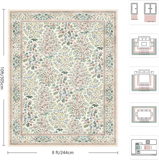 8x10 Area Rugs, Machine Washable Low Pile Floral Rugs for Living Room, Bedroom, Large Boho Area Rug with Non-Slip Backing for Dining Room(Pink Floral)