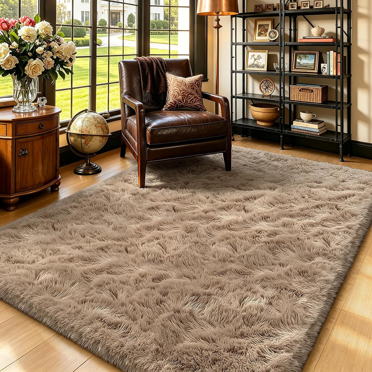 Beige 8x10 Area Rugs for Living Room, Fluffy Shag Rug Large Bedroom Carpet