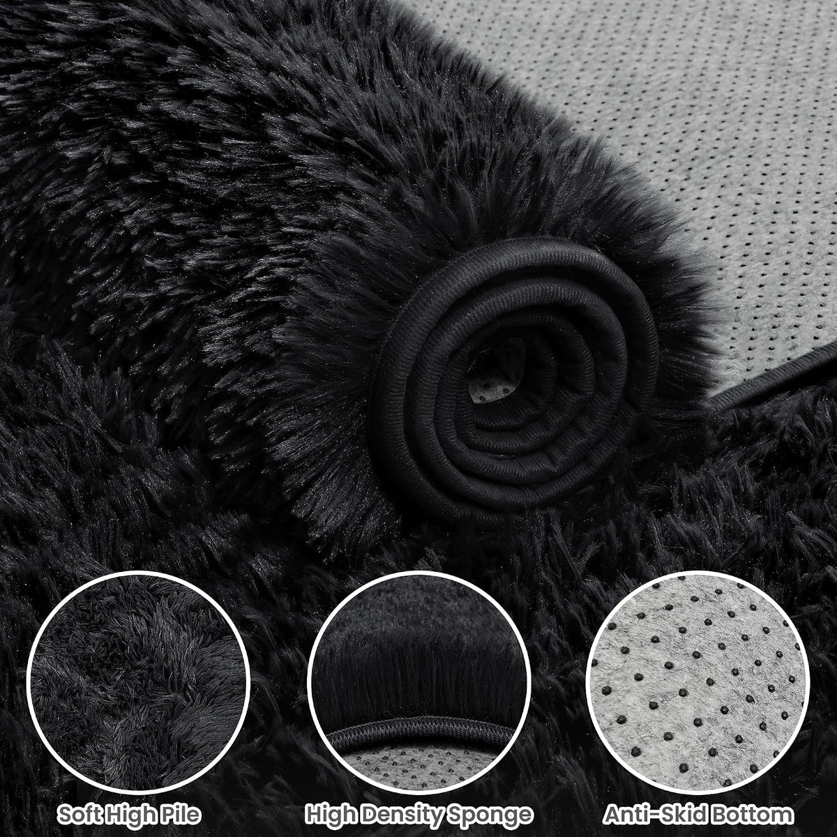 6x9 Black Fluffy Fuzzy Shag Area Rug for Living Room, Bedroom, Dorm Carpet