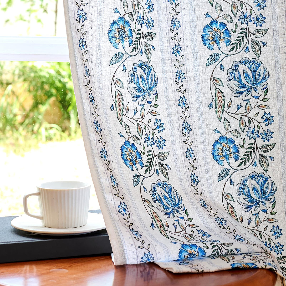 Pinch Pleated Memory Floral Linen Curtains 84 Inches 2 Panels Blue