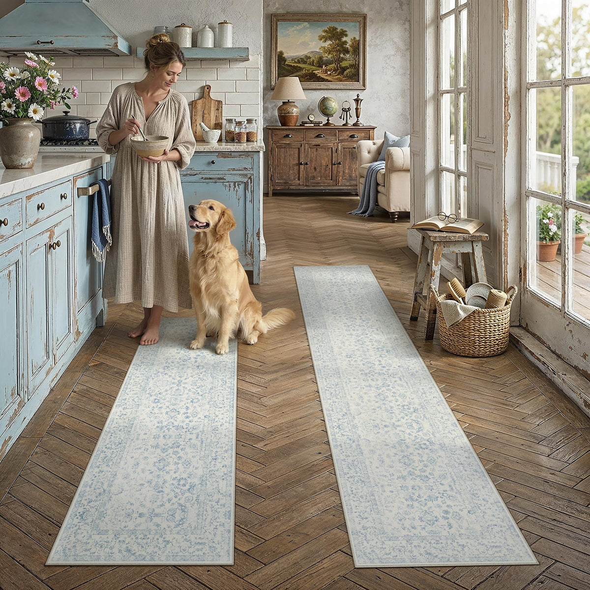 PureCozy 8x10 Blue Area Rug Washable Non Slip Large Vintage Living Room