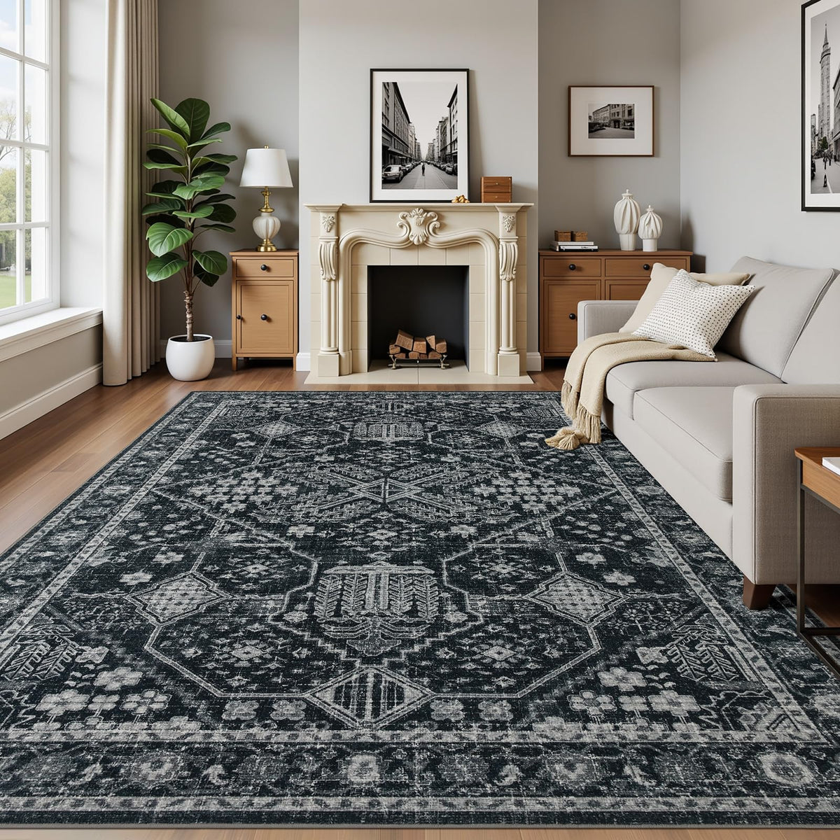 Joydeco Boho Washable Abstract Beige 5x7 Area Rugs for Living Room Bedroom