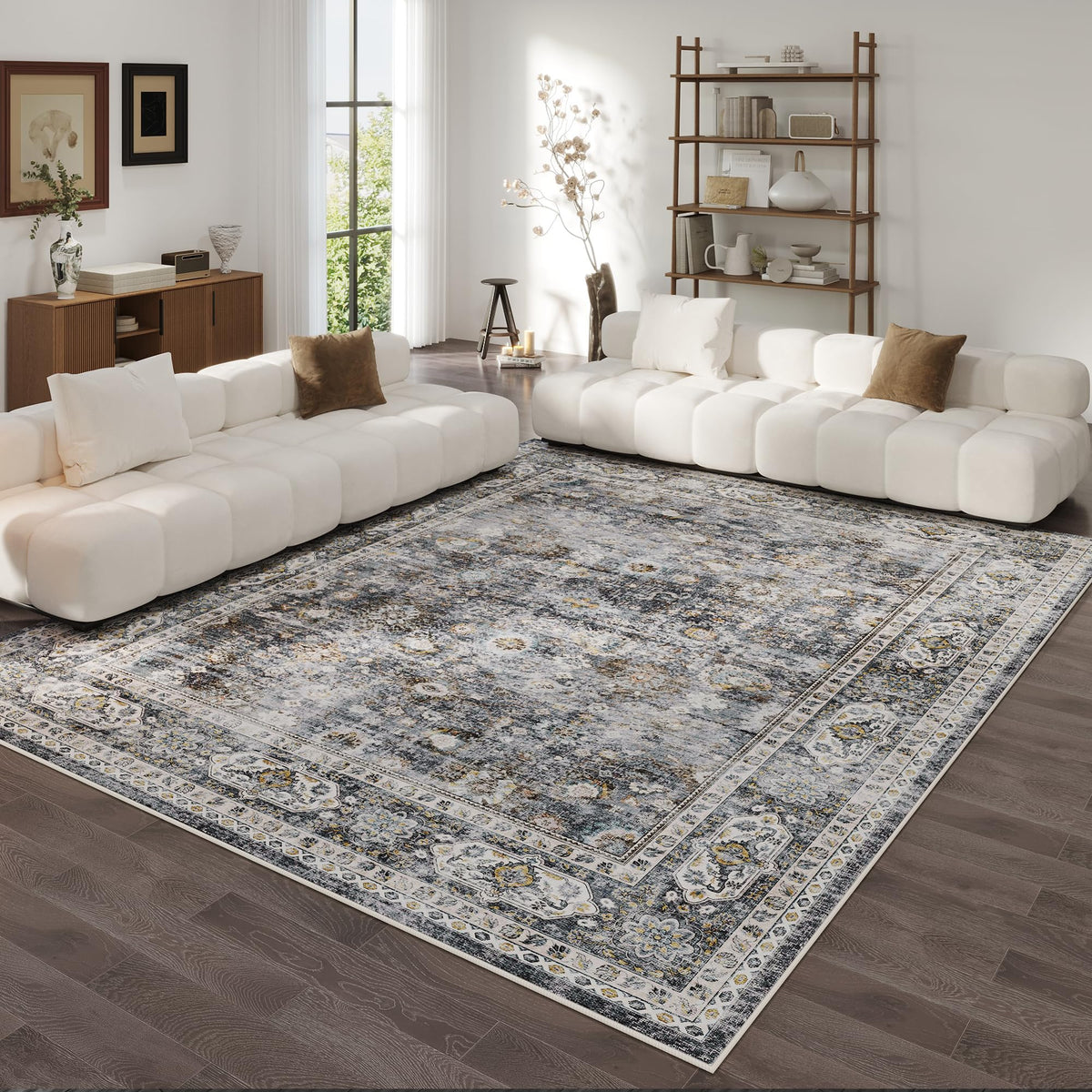 Rugcomf Large Living Room Rug 8x10 Washable Non Slip Vintage, Grey