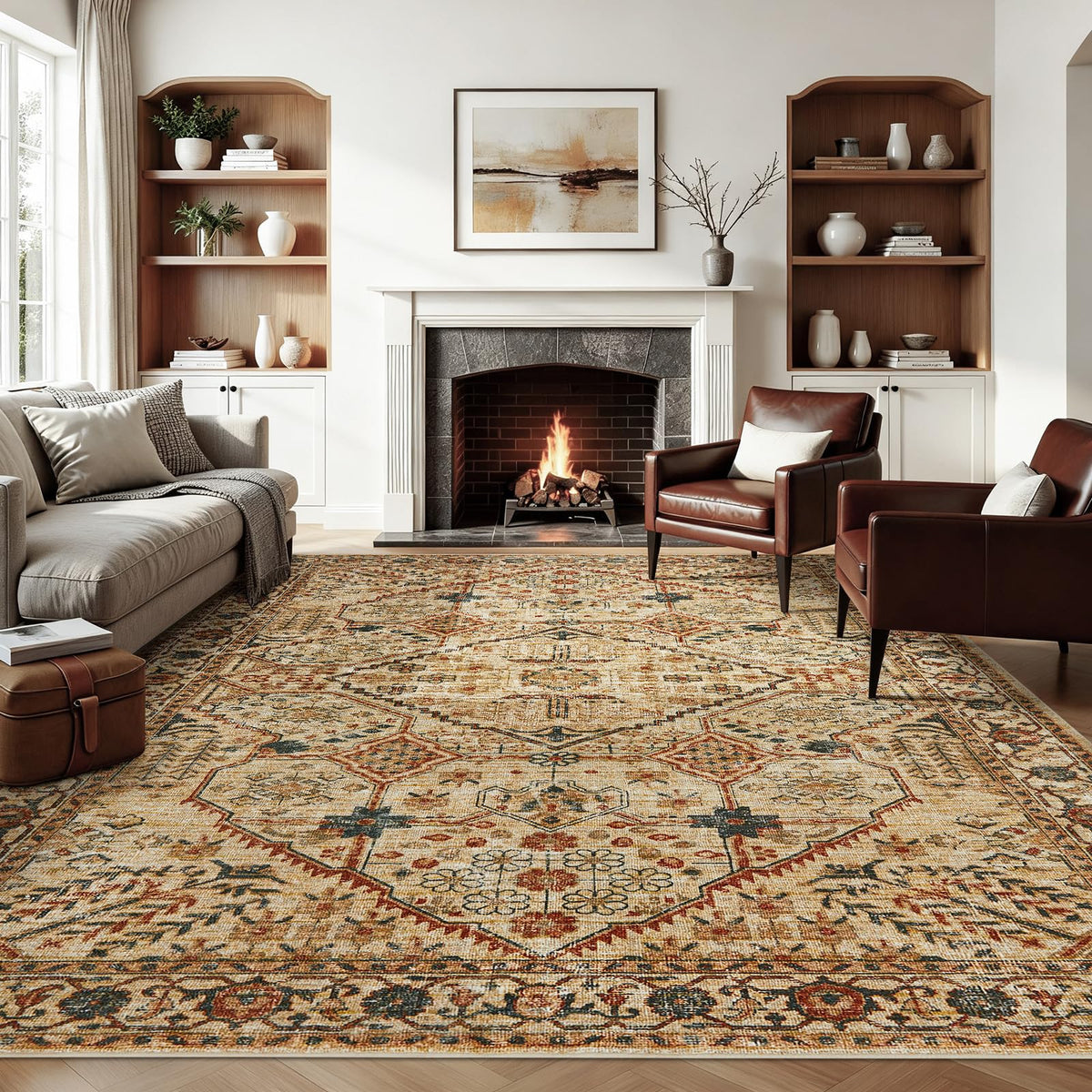 Joydeco Boho Washable Abstract Beige 5x7 Area Rugs for Living Room Bedroom