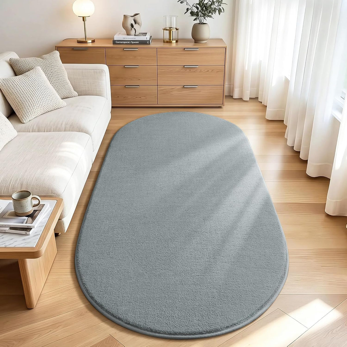 LOCHAS Soft Oval Bedroom Rug 2.6x5.3, Small Washable Grey Rugs for Bedroom
