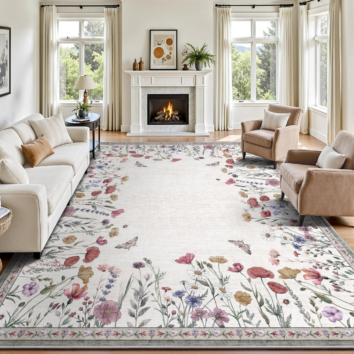 8x10 Area Rugs, Machine Washable Low Pile Floral Rugs for Living Room, Bedroom, Large Boho Area Rug with Non-Slip Backing for Dining Room(Pink Floral)