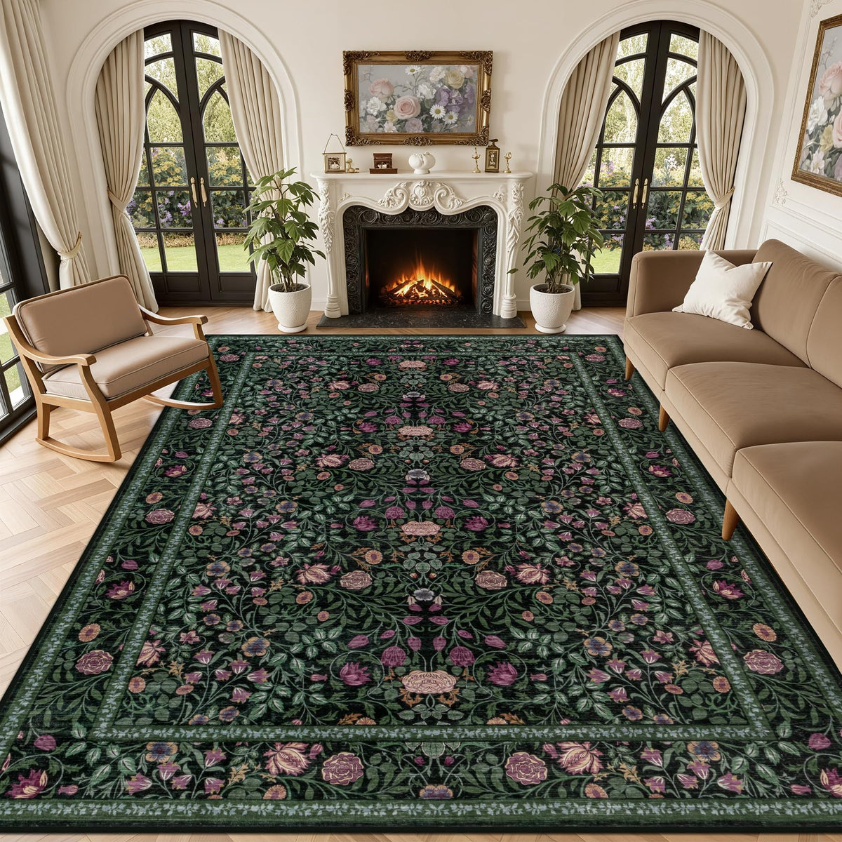 5x7 Area Rug Living Room: Soft Floral Washable Carpet Dark Green