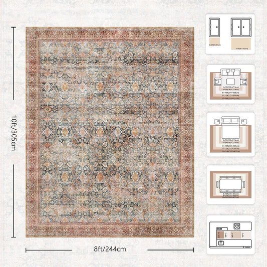 8x10 Area Rugs for Living Room - Washable Vintage Retro Large Rug, Soft Ultra Thin Non Slip Low Pile Traditional Distressed Boho Carpet for Bedroom Dining Room Home Office, Rust Clay