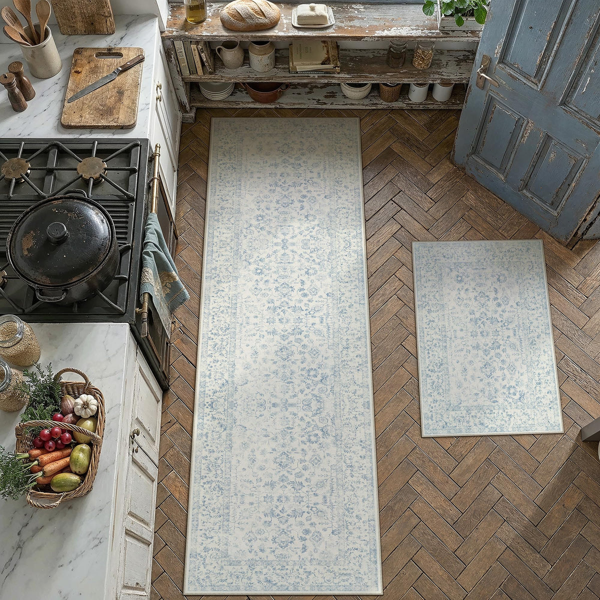 PureCozy 8x10 Blue Area Rug Washable Non Slip Large Vintage Living Room