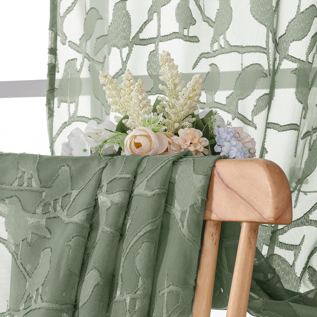 OVZME Sage Green Sheer Curtains 63 Inch Length 2 Panel Set, Light Filtering Bedroom Curtains with Dual Rod Pocket Top, Leaf Bird Clip Jacquard Sheer Farmhouse Window Drapes for Living Room, 2x38Wx63L