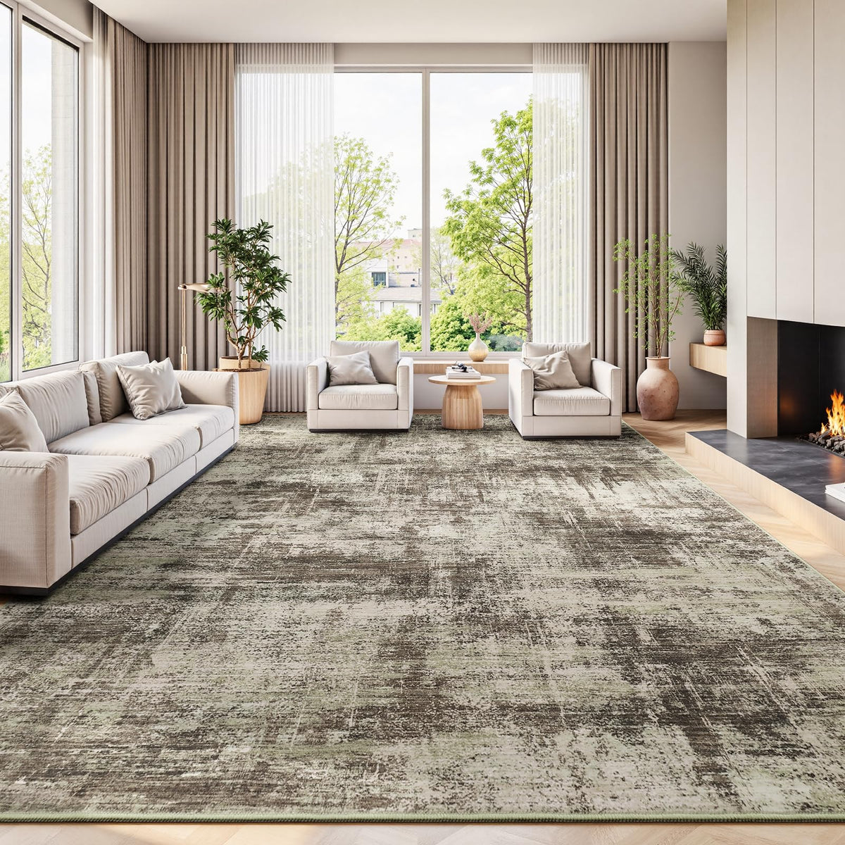 8x10 Area Rug for Living Room, Abstract Washable Non-Slip Large Rugs, Gold