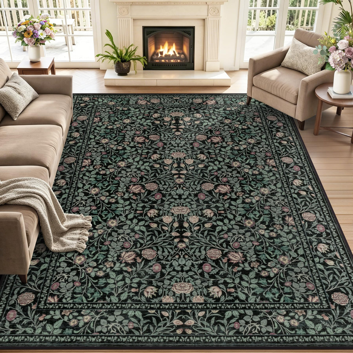 5x7 Area Rug Living Room: Soft Floral Washable Carpet Dark Green