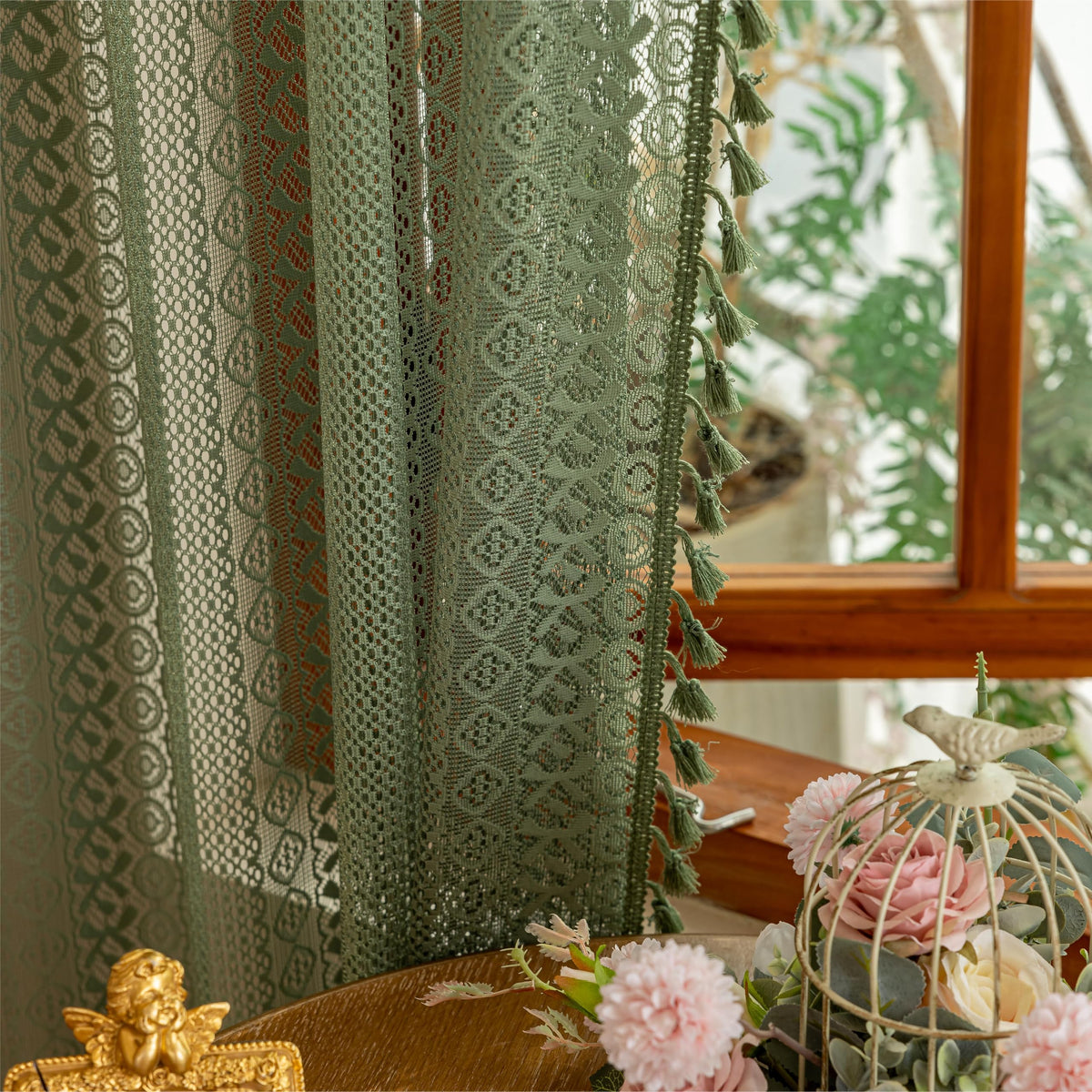 Sutuo Home Terracotta Boho Lace Curtains 2 Panels 84 Inches Long for Living Room&Bedroom, Burnt Orange Crochet Privacy Farmhouse Vintage Tassels Retro Halloween Window Sheer Curtains Rod Pocket,50" W