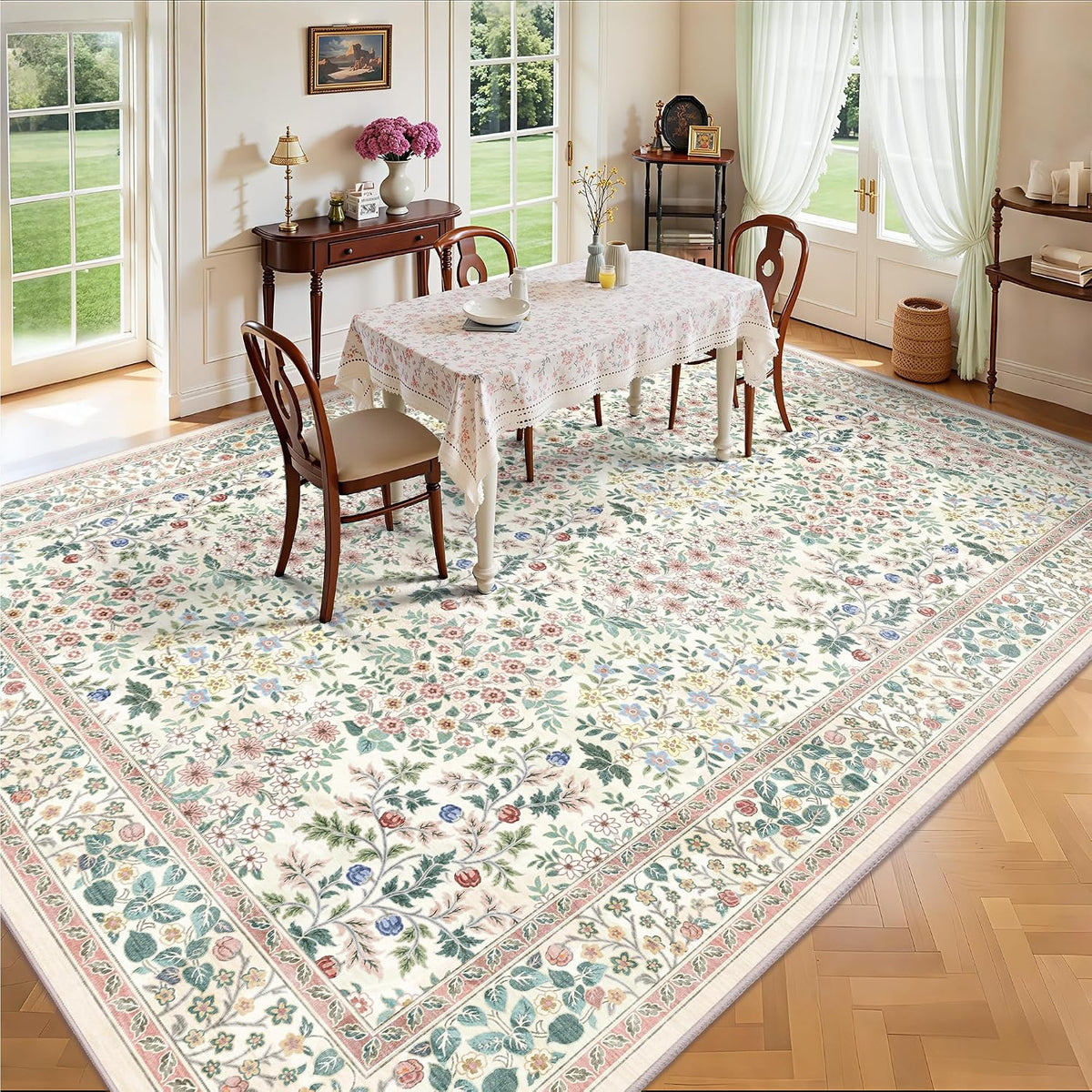 8x10 Area Rugs, Machine Washable Low Pile Floral Rugs for Living Room, Bedroom, Large Boho Area Rug with Non-Slip Backing for Dining Room(Pink Floral)