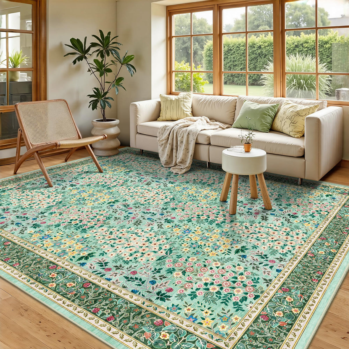 8x10 Area Rugs, Machine Washable Low Pile Floral Rugs for Living Room, Bedroom, Large Boho Area Rug with Non-Slip Backing for Dining Room(Pink Floral)