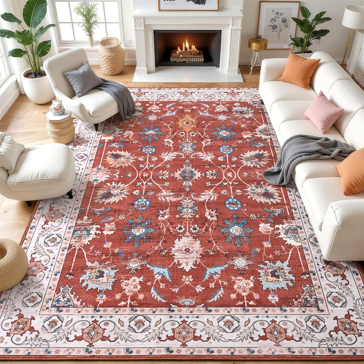 Hanples 5x7 Area Rugs for Living Room, Washable Rug Vintage Floral, Beige