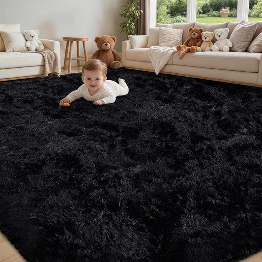 8x10 Area Rug for Living Room,Black Fluffy Shag Non-Slip Bedroom Rugs