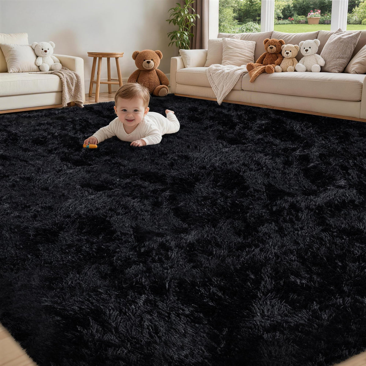 8x10 Area Rug for Living Room,Black Fluffy Shag Non-Slip Bedroom Rugs