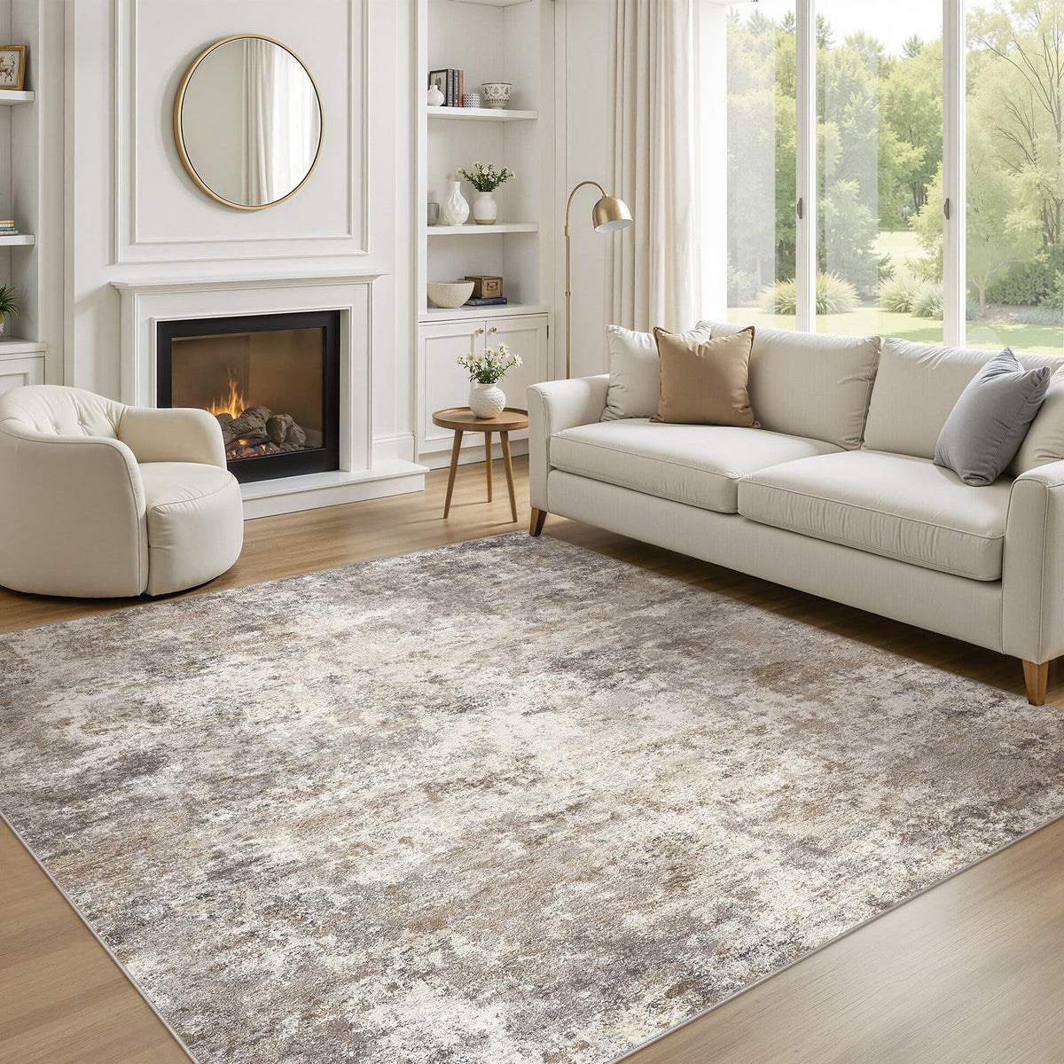 UERMEI 8x10 Area Rug Living Room Rugs - Washable Neutral Modern Abstract Soft Thin Large Rug Indoor Floor No Slip Rug Carpet for Bedroom Under Dining Table Home Office Decor - Brown Grey