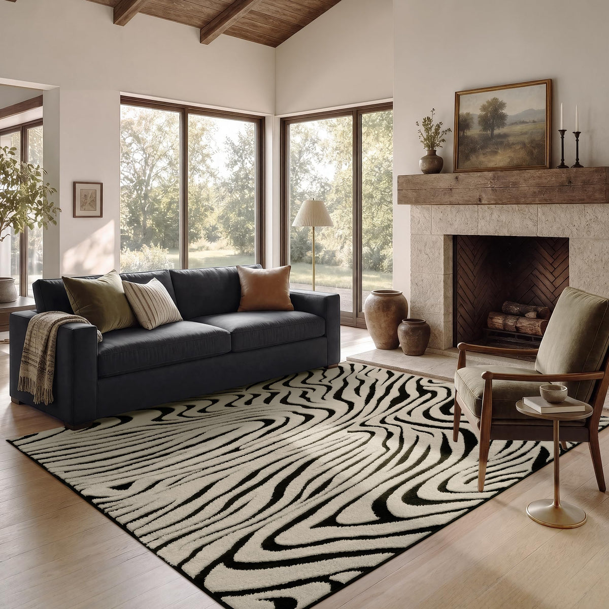 YIHOUSE 5×7 Ft Area Rugs for Living Room: Modern Washable Rug - Abstract Black and Cream White Rug for Bedroom Dining Room Office Playroom Nursery Home Decor - Nonslip Non-Shedding Striped Rugs